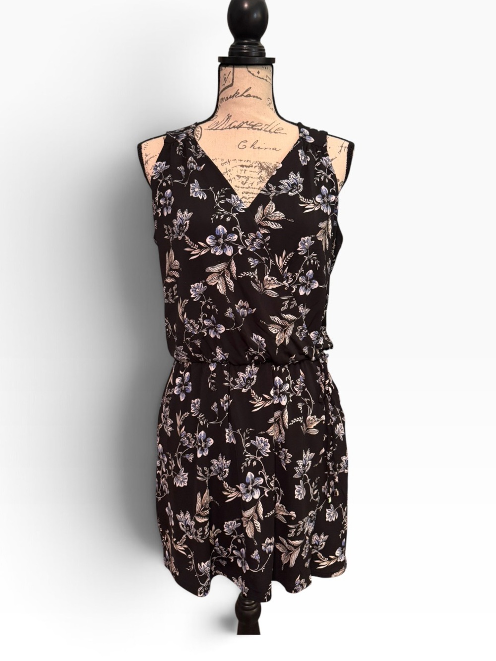 White House Black Market Black Floral V-Neck Romper